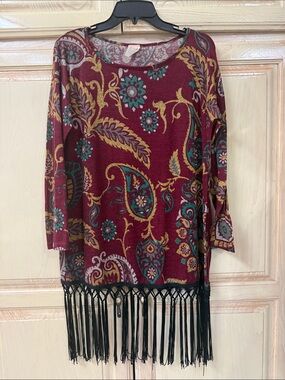 Women’s Burgundy Paisley Fringe Tunic Top